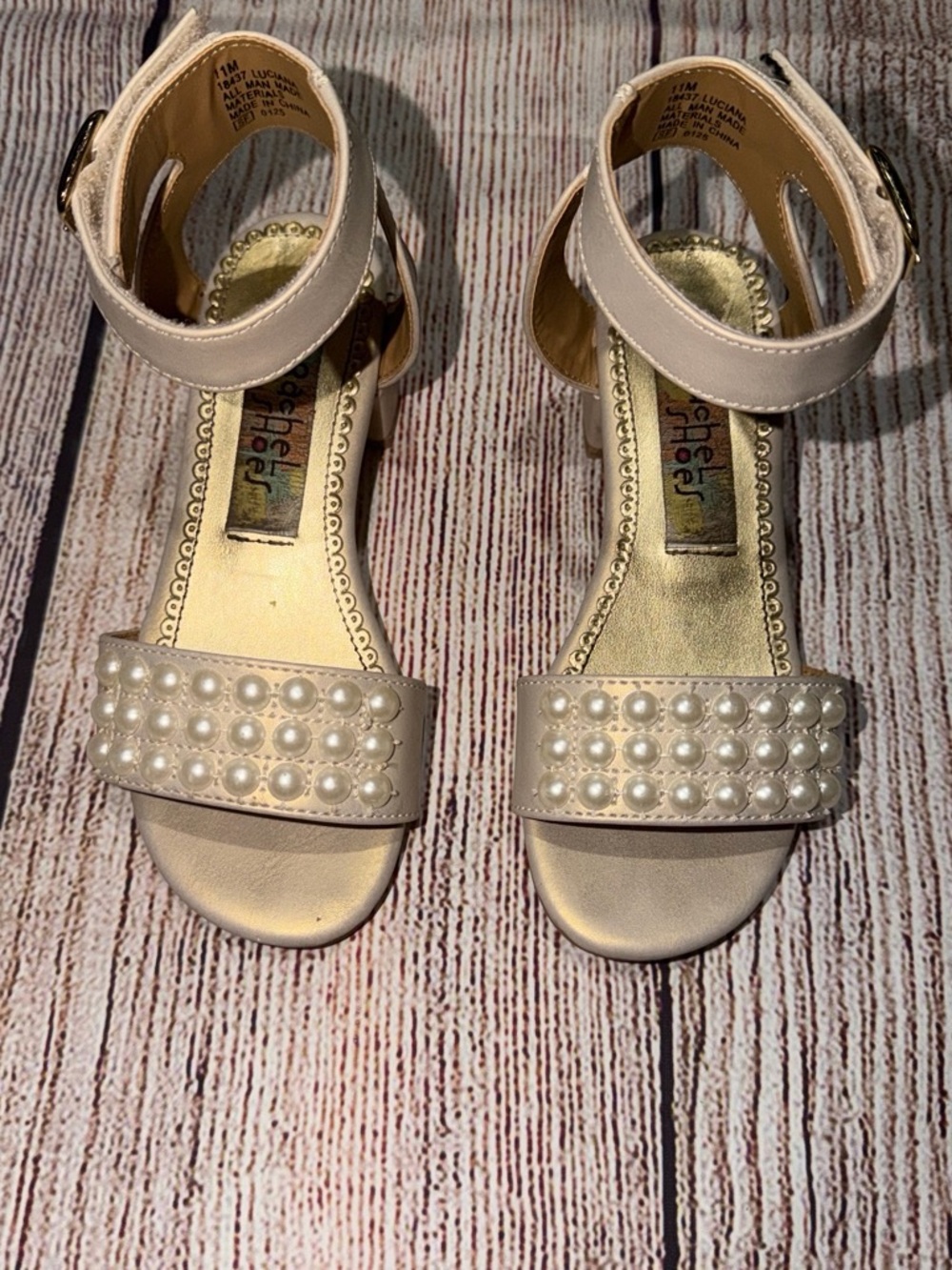 Rachel Shoes Pearl-Embellished Cream Ankle Strap Sandals